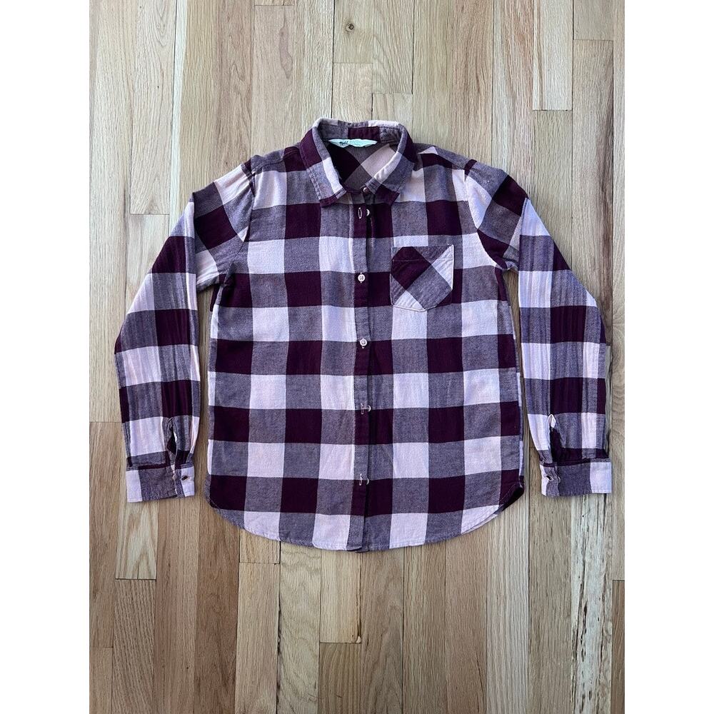 H&M Burgundy & Peach Plaid Check Cotton Flannel Fall Button Down (Youth size 12)